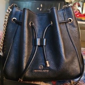 Michael Kors Black Pebbled Leather Drawstring Bucket Crossbody